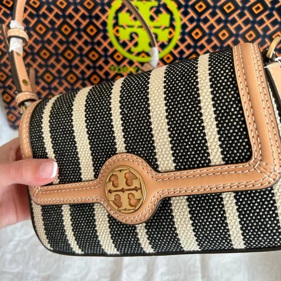 Tory Burch Felix Striped Canvas Mini Flap Shoulder Bag Crossbody Canvas Black - Picture 9 of 11